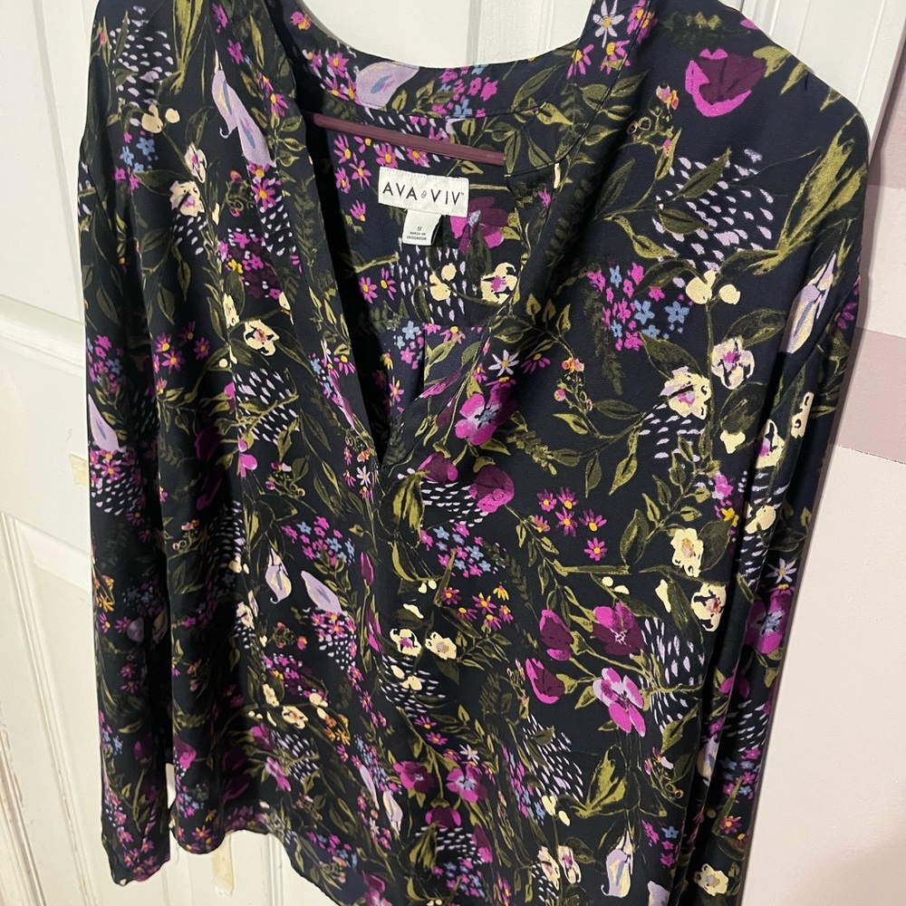 Ava & Viv Black Floral Top with Pink and Green Accents
